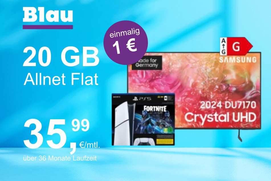 Der 65-Zoll Samsung-TV + PS5 Digital Slim Fortnite im Blau Allnet M inkl. 20 GB für einmalig nur 1 Euro.