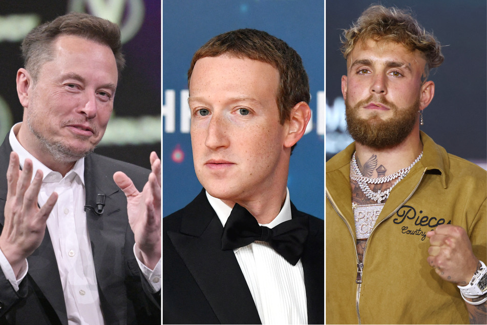 Influencer-turned-boxer Jake Paul (r.) offered Elon Musk (l.) and Mark Zuckerberg $100 million to host their rumored cage fight in the Middle East for charity.