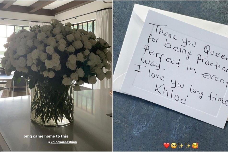 Kourtney Kardashian shared a bouquet of bridal-like white roses she received from her sister Khloé.