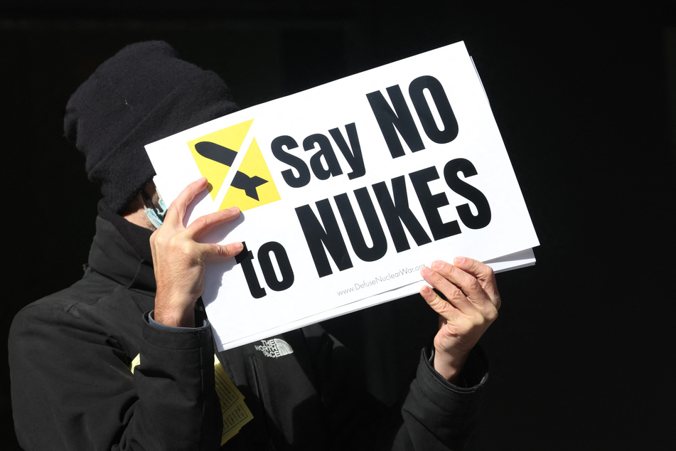 Activists call for a de-escalation of tensions between nuclear powers at a protest in Chicago, Illinois.