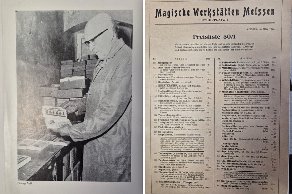 Georg Falk (1909-1985) eröffnete sein Zaubergeschäft im Jahr 1947. Rechts: ein Blick in die Preisliste von 1950.
