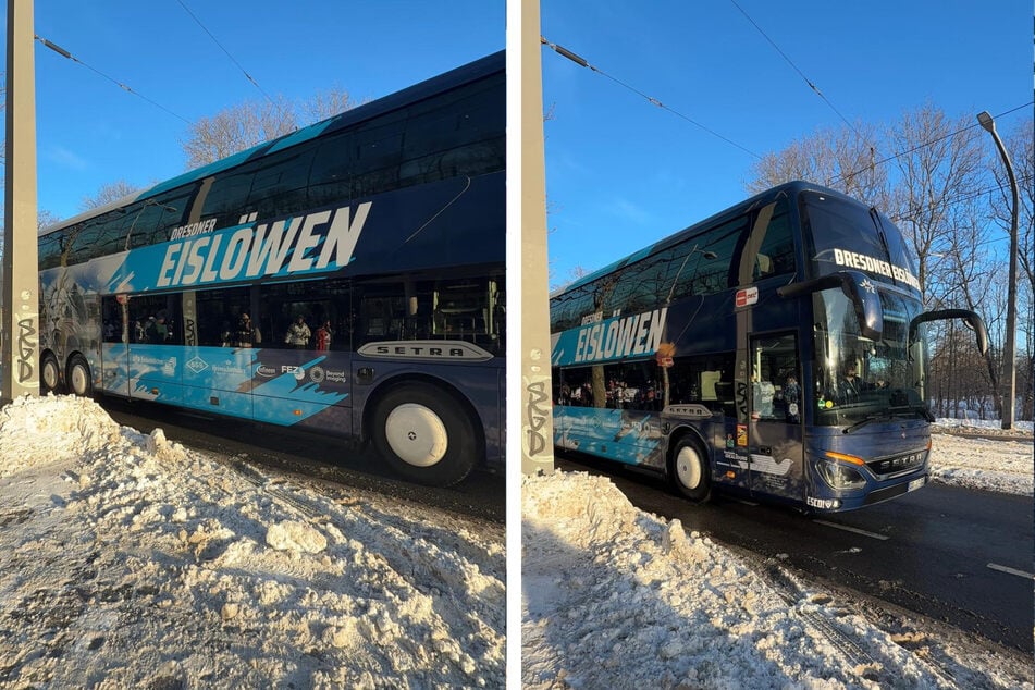 Der Eislöwen-Mannschaftsbus rollt ans Stadion vor.