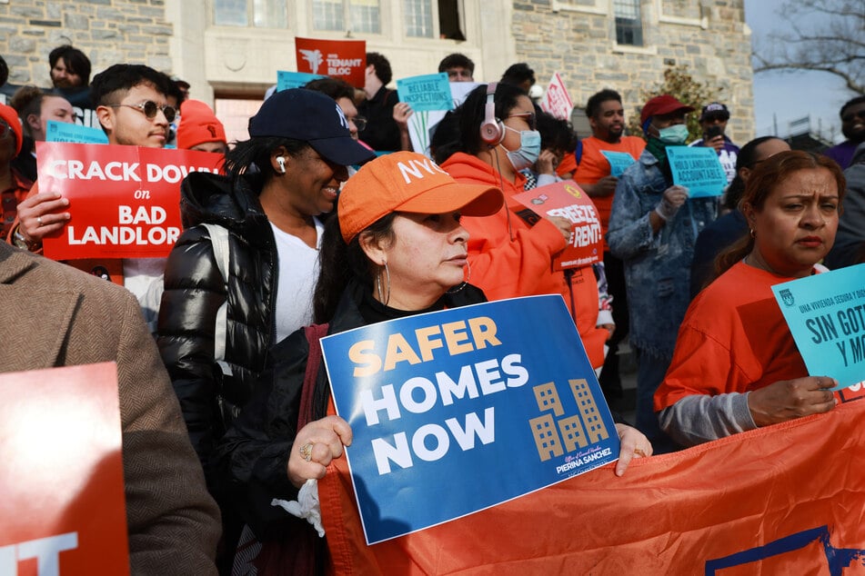 People attend a rally before a "Rental Ripoff" hearing at Fordham University on March 11, 2026.