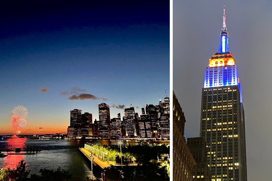 New York City lit up the night sky on Tuesday with surprise fireworks over the East River (l) and its trademark colors displayed on the Empire State Building (r).