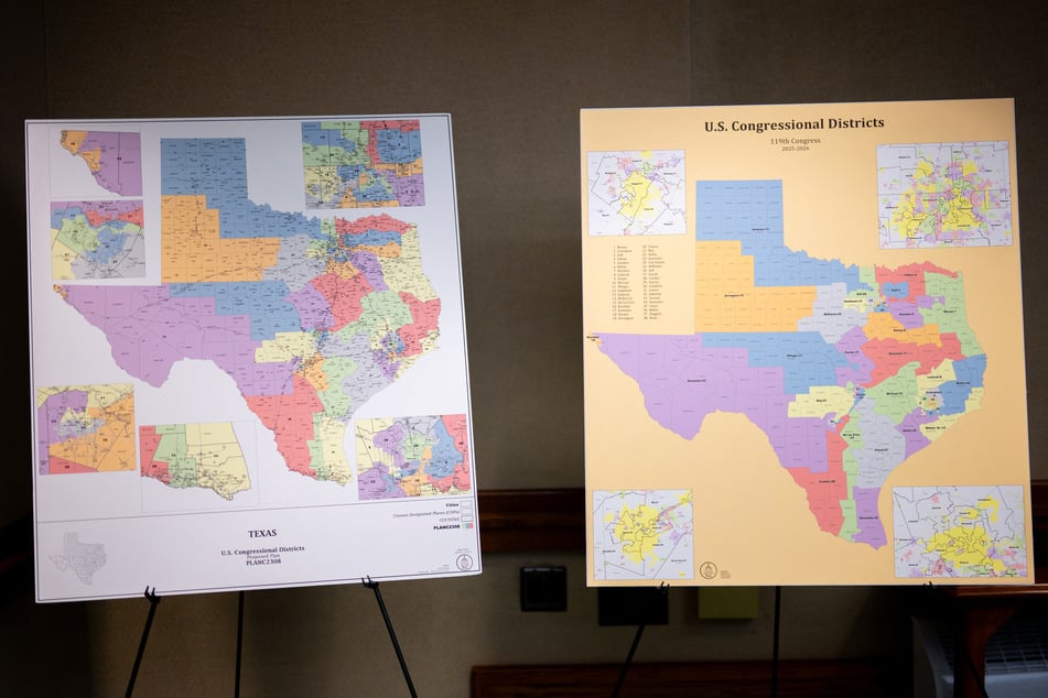 Congressional maps are displayed as the Senate Special Committee on Congressional Redistricting meets to hear invited testimony at the Texas State Capitol in Austin on August 6, 2025.