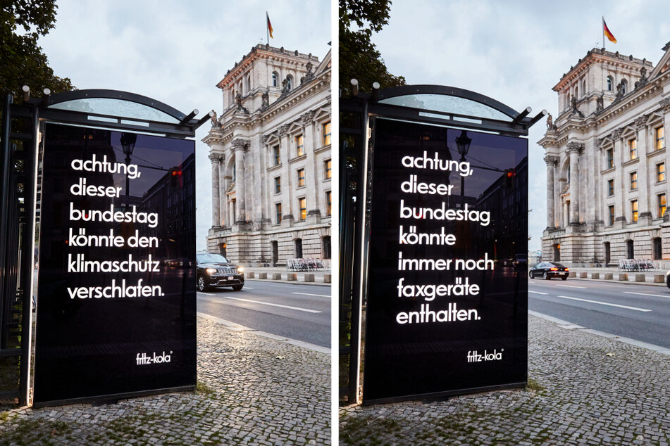 Das Hamburger Unternehmen "fritz-kola" macht mit Slogans wie diesen auf die Bundestagswahl und wichtige Themen wie Klimaschutz und Digitalisierung aufmerksam.