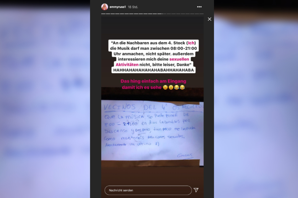 Den Zettel ihres Nachbarn zeigt Emmy Russ in ihrer Instagram-Story.