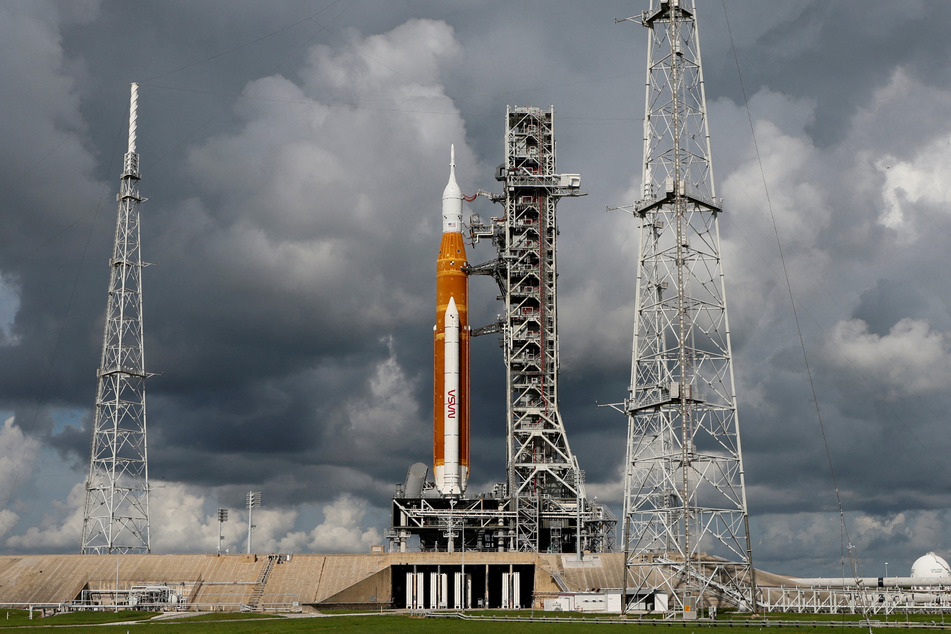 NASA's next-generation moon rocket stands at a launch complex in Cape Canaveral, Florida.