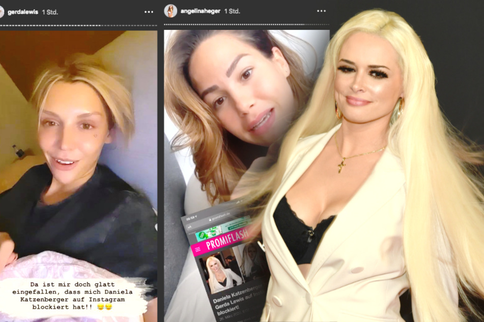 Gerda Lewis (27, v.l.) und Angelina Heger (28) wundern sich auf Instagram: Daniela Katzenberger (33) hat sie blockiert.