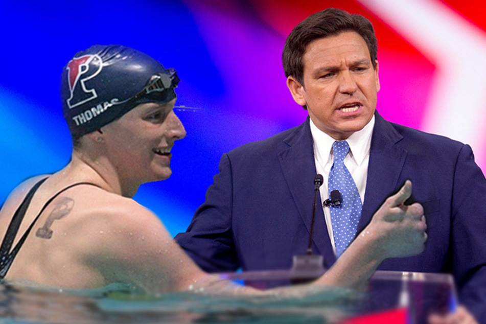 Gov. Ron DeSantis (r.) signed a proclamation on Tuesday naming the runner-up of an NCAA 500-yard freestyle event as the victor over the event's actual winner, Lia Thomas (l.).