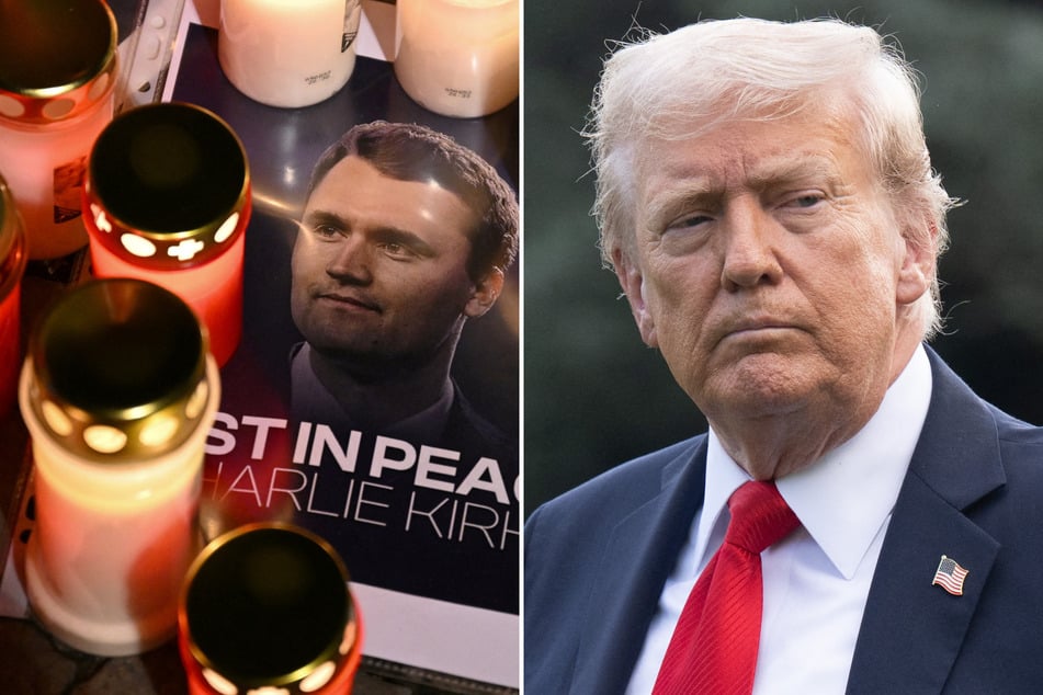 President Trump (r.) called for a peaceful response to Charlie Kirk's killing after blaming the "radical left."