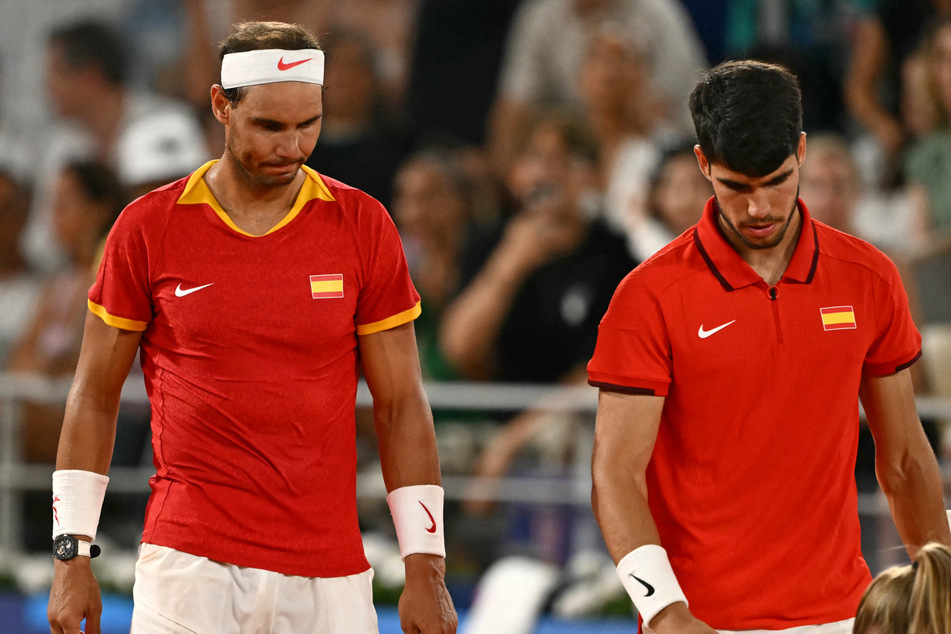 Rafael Nadal (l.) and Carlos Alcaraz were dumped out of the Olympics men's doubles on Wednesday.