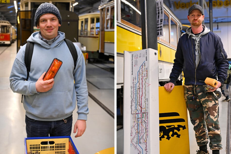 Diesen Tatra-Blinker kaufte sich Reinhard Kind (31, l.). Tony Marx (36) aus Brandenburg hat eher ein Faible für DVB-Verkleidungen und Kleinteile.