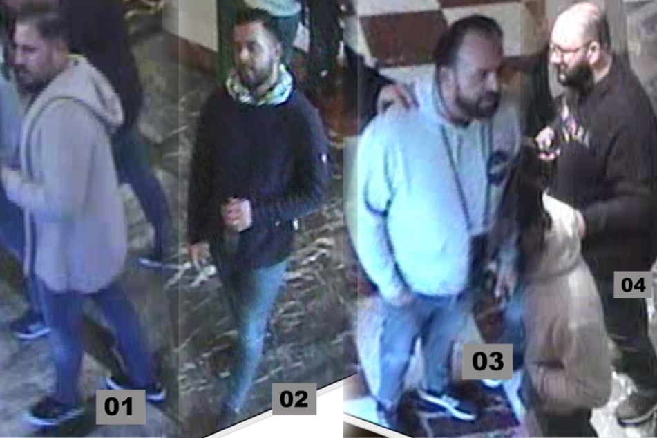 Einzelbilder der Kameraaufnahmen zeigen die vier Tatverdächtigen im Detail.