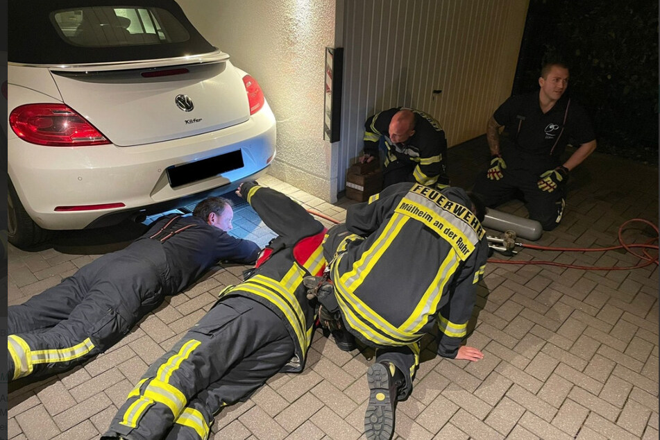 Mit vollem Körpereinsatz befreiten die Feuerwehrleute das Reh.