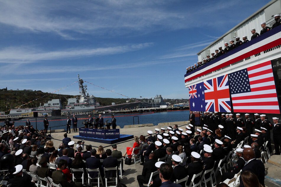 US President Joe Biden, Australian Prime Minister Anthony Albanese, and then British Prime Minister Rishi Sunak deliver remarks on the AUKUS partnership, after a trilateral meeting at Naval Base Point Loma in San Diego, California, on March 13, 2023.