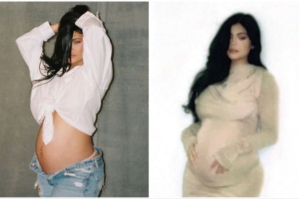 The upcoming Hulu series The Kardashians shared a rare behind-the-scenes pic of Kylie Jenner cradling her baby bump (r.).