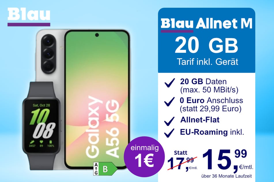 Das Samsung Galaxy A56 + Galaxy Fit 3 im Blau Allnet M für einmalig 1 Euro.