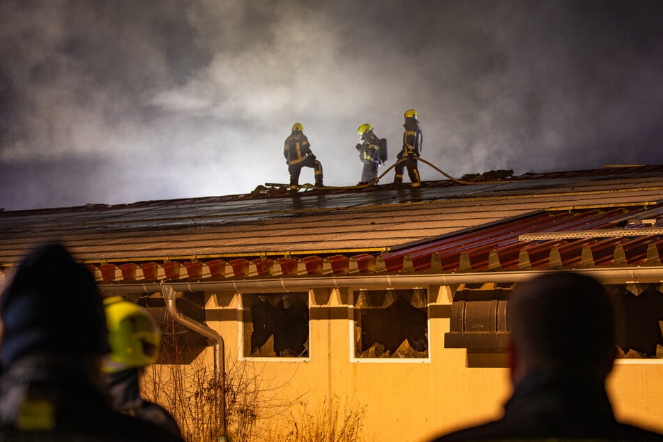 Die Feuerwehrkräfte versuchten unter anderem über das Dach des Stallgebäudes, das Feuer zu löschen.