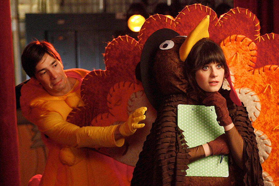 Jessica Day (played by Zooey Deschanel) from New Girl gets in the Thanksgiving spirit by dressing up as a turkey on the show, New Girl.