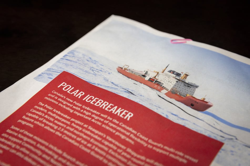 A brochure featuring the new Polar Icebreaker is pictured at Seaspan Shipyards in North Vancouver, British Columbia, on February 13, 2026.