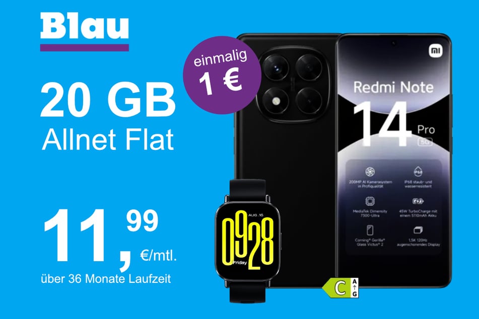 Das Xiaomi Redmi Note 14 Pro + Watch 5 Active im Blau Allnet M für einmalig 1 Euro.