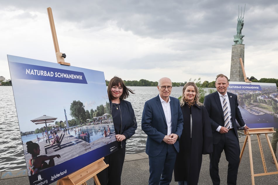 Katharina Fegebank (Bündnis90/Die Grünen, l.-r.), Peter Tschentscher (SPD), Susan Zetzmann und Andy Grote (SPD) stellten die Pläne zum neuen Naturbad vor.