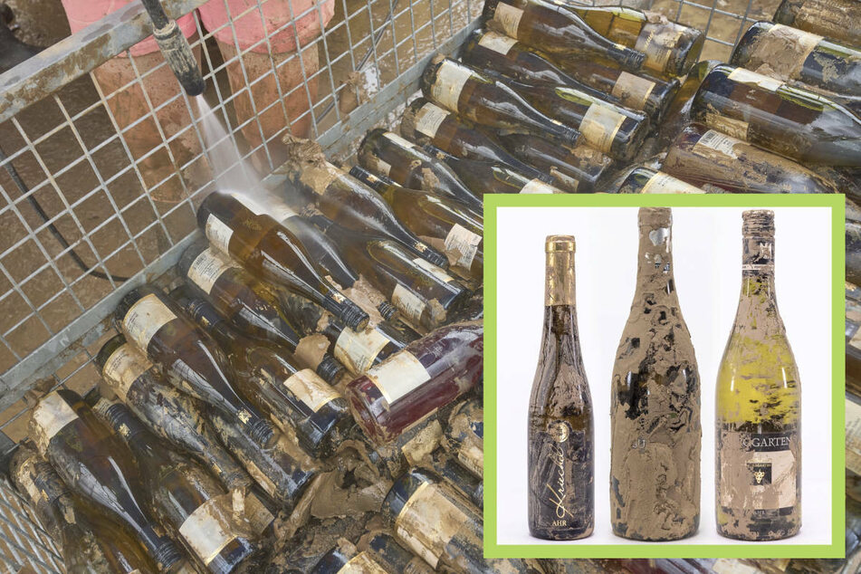 Während viele Winzer ihre Weinflaschen mühevoll vom Schlamm reinigen, bleiben die "Flutweine" (kleines Foto) "originalverschlammt".