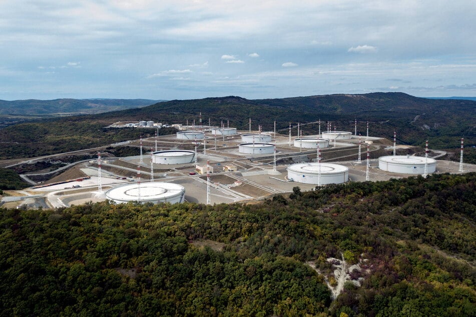 A crude oil storage facility of the Caspian Pipeline Consortium is pictured from above in Russia's Krasnodar Territory.