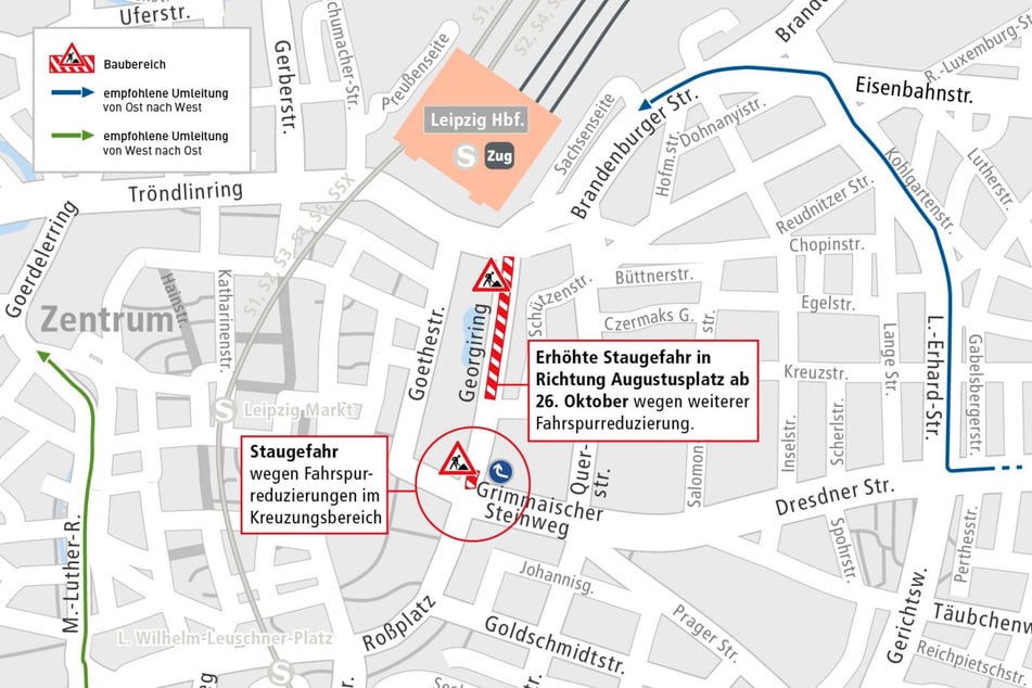 Der Straßenverkehr muss sich darauf einstellen, dass es immer wieder zu Staus kommen kann. Die Leipziger Verkehrsbetriebe empfehlen Umleitungen.