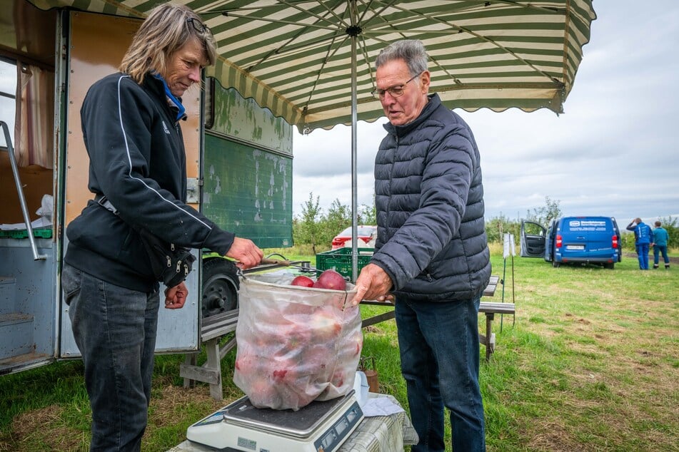 Dietmar Gramm (79) ließ seine Ernte bei Mitarbeiterin Diana Baumann (62) abwiegen.