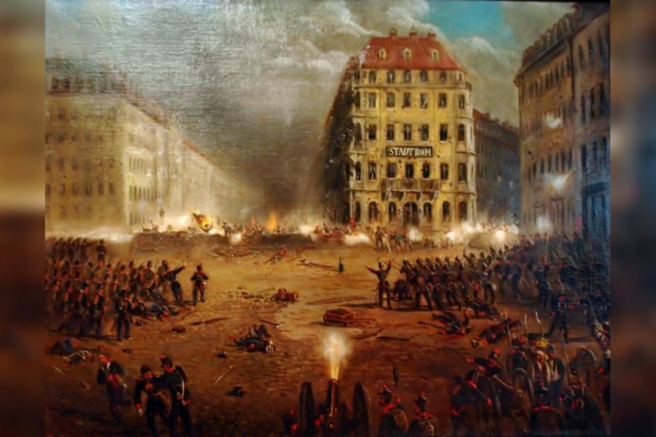 Angriff auf die Barrikaden am Neumarkt in Dresden (Ölgemälde).