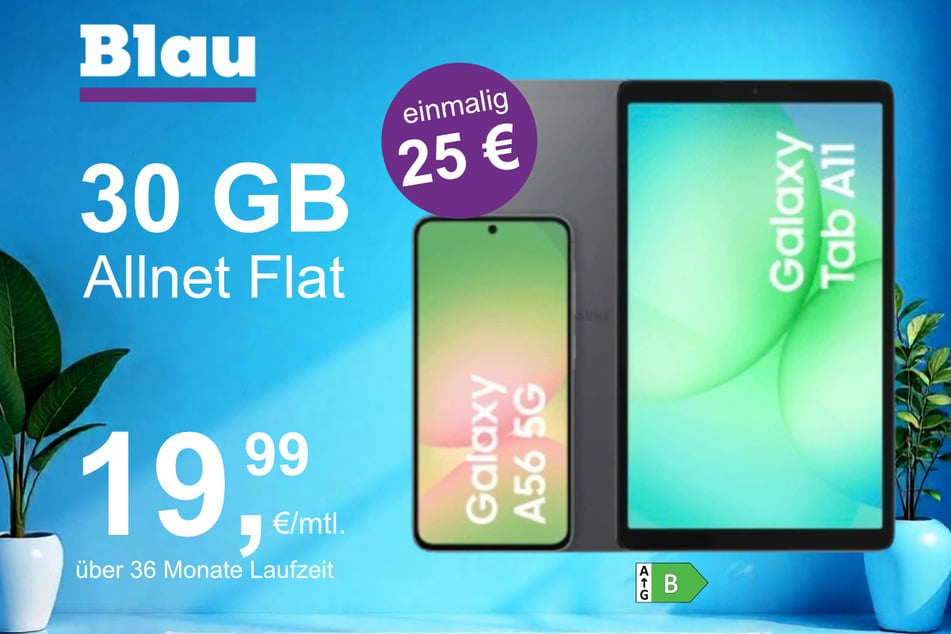 Das Samsung Galaxy A56 + Tab A11 im Blau Allnet L für einmalig 25 Euro.
