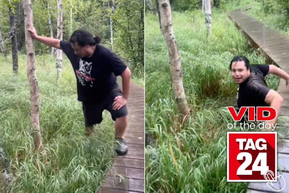 Today's Viral Video of the Day features a man who ended up falling in a swamp after trying to grab onto a small tree.