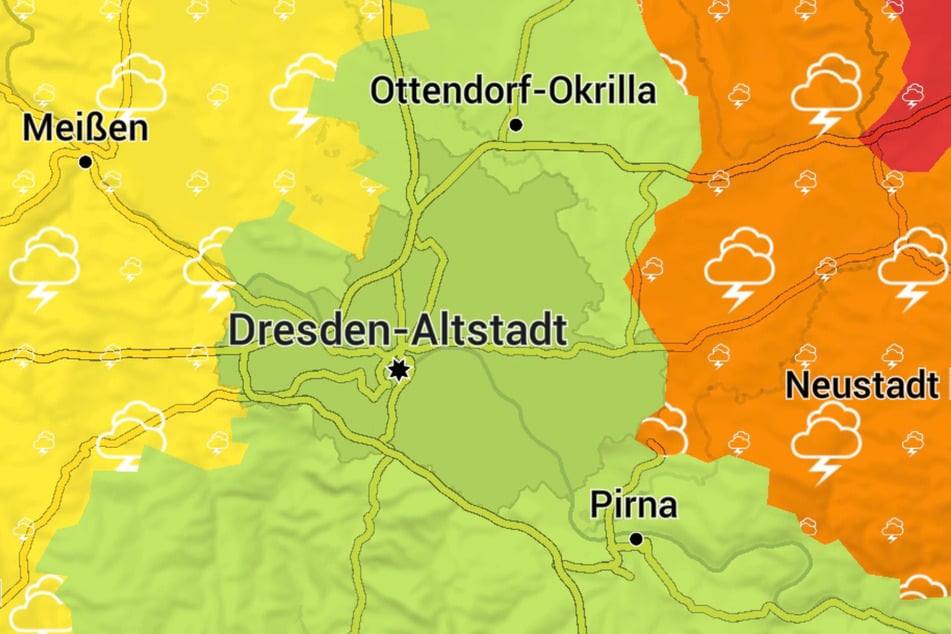Kurz vor 7.30 Uhr sah die DWD-Warnkarte für Dresden und Umgebung so aus.