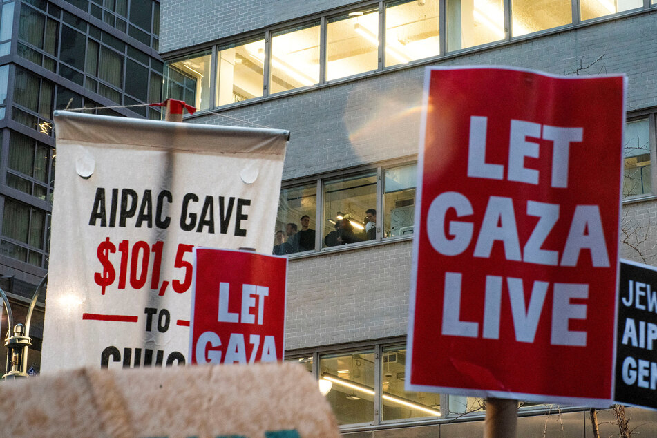 Protesters rally outside AIPAC's New York City offices to demand a permanent ceasefire and an end to the Israeli assault on Gaza.