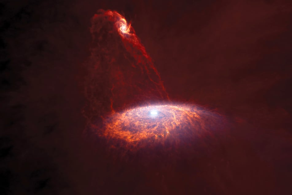 Simulation der aktuell real stattfindenden Kollision der Milchstraße mit einer Zwerggalaxie.