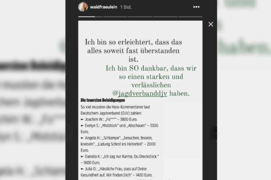 Bei Instagram bedankte sich die Jägerin für die Unterstützung des Jagdverbands.
