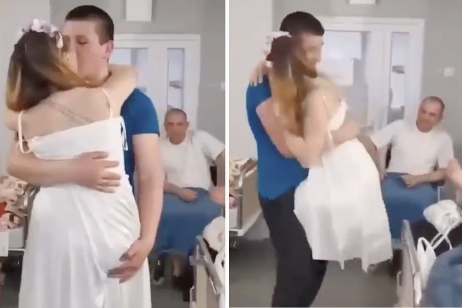 Oksana (23) und Viktor heirateten am Montag in einem Krankenhaus in Lwiw. Beim Hochzeitstanz trug der Bräutigam seine Liebste auf seinen Armen.
