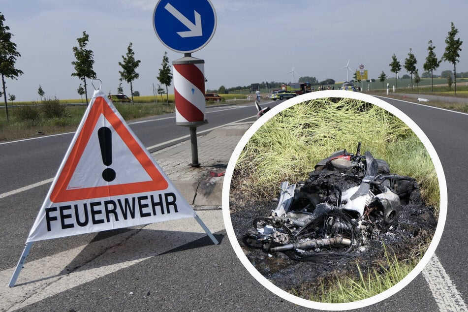Schwerer Unfall bei Leipzig: Ersthelfer bergen Motorradfahrer unter brennender Maschine