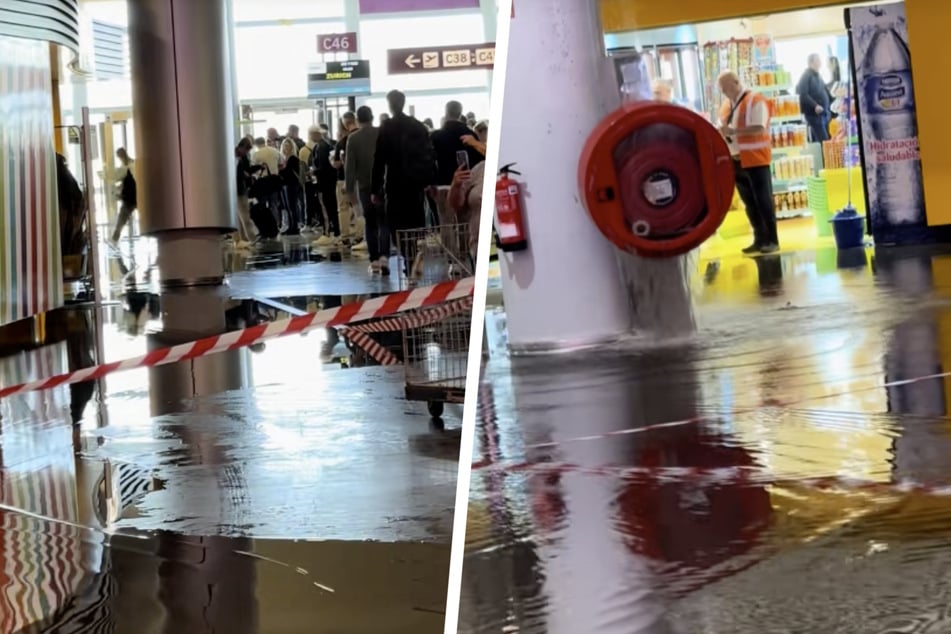 Während der Feuerwehrschlauch freudig vor sich hin sprudelte, ging der Verkehr am Flughafen und auch am betroffenen Gate ganz normal weiter.