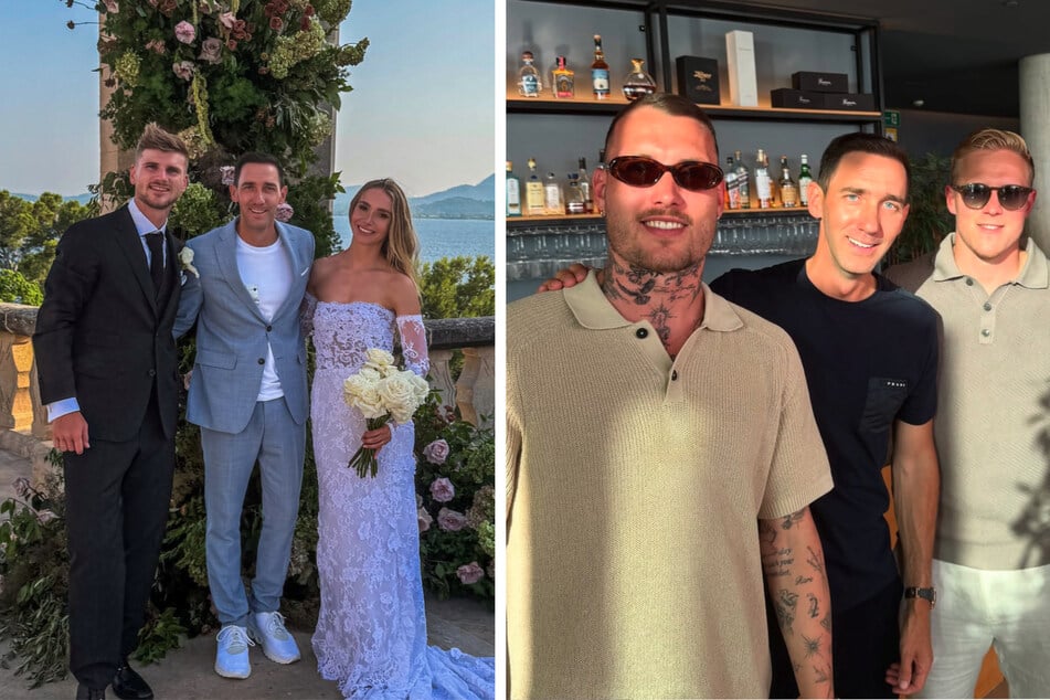 Unternehmer und Immobilienmakler Marcel Remus (38, 2. v. l.) teilte auf seinem Instagram-Account mehrere Schnappschüsse von Timo Werners Hochzeit.