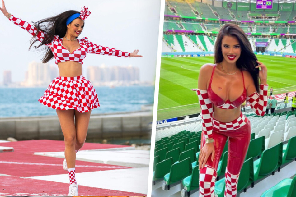 Ivana Knöll (30) verzaubert die WM-Fans mit ihrem kroatien-Style, doch das Dress zum Brasilien-Spiel (r.) sorgte für Aufregung.