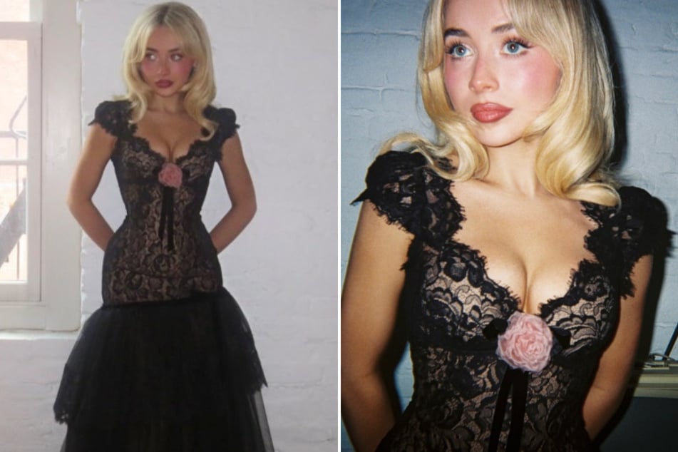 Sabrina Carpenter (pictured) posted a slew of Instagram photos showing off the lacy black gown she wore to Taylor Swift and Travis Kelce's iconic Madison Square Garden wedding.