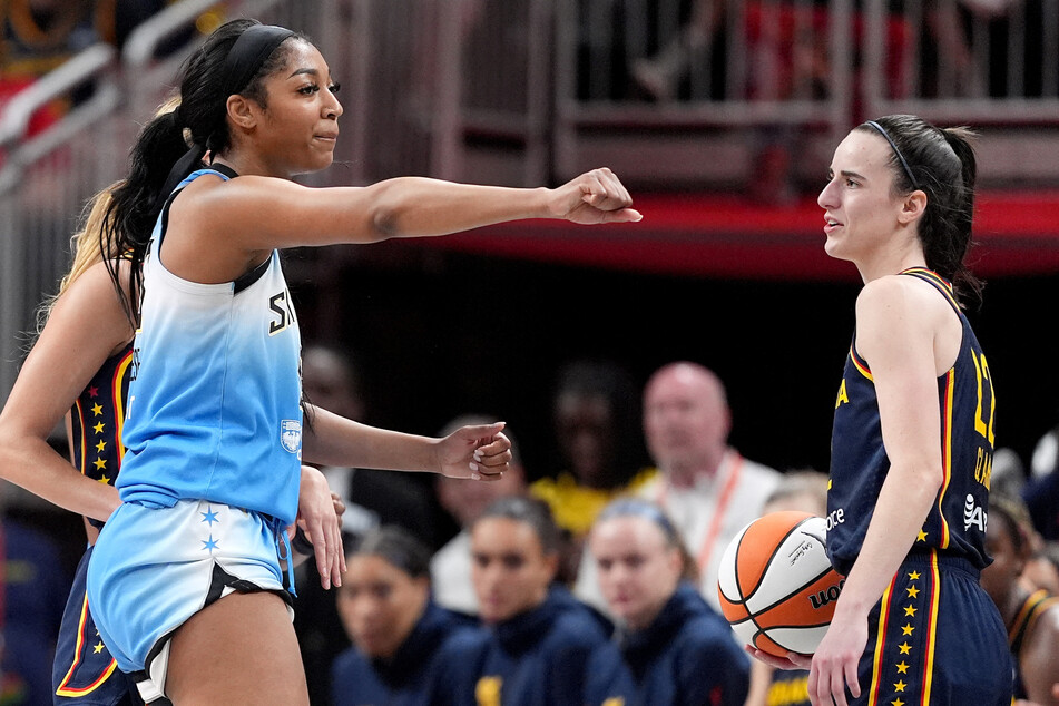 Angel Reese (l.) received a flagrant foul for hitting Caitlin Clark in the head during the Fever and Sky's Sunday matchup.