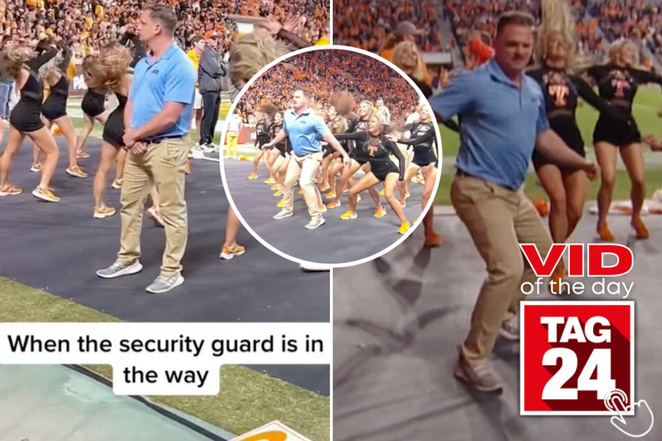 Today's Viral Video of the Day features the shocking moment a security guard got in the way of the dancers during a football game!