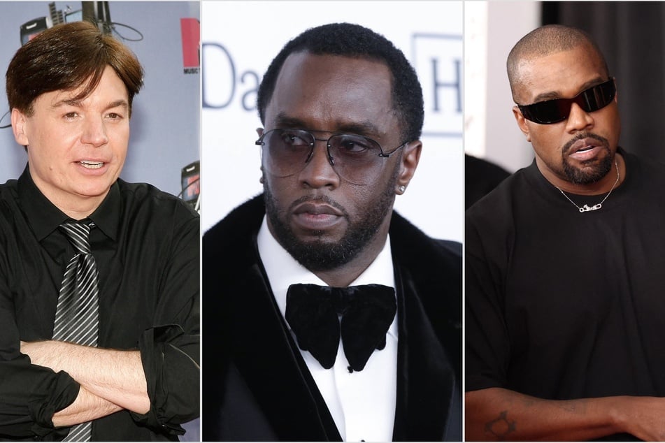 Several A-list stars, included Kanye West and Mike Meyers (l) have been named dropped amid Sean "Diddy" Combs bombshell trial.