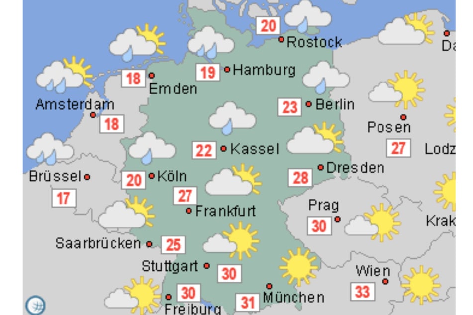 Am Dienstag wird es im Süden und Osten noch mal richtig warm. Im Westen dagegen ist es mit 20 Grad schon deutlich kühler.