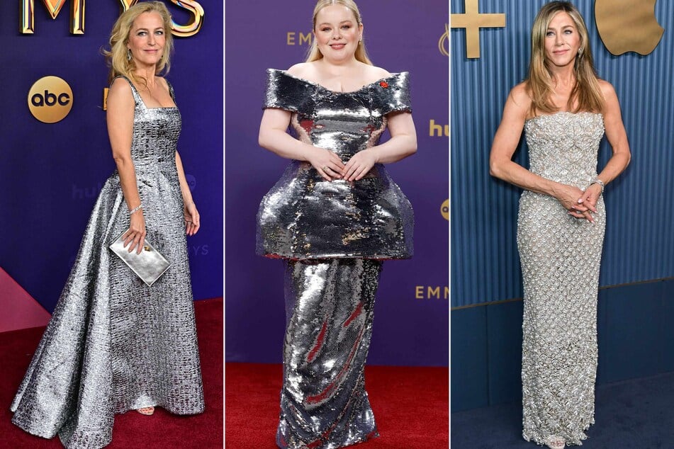 Actors Gillian Anderson (l.), Nicola Coughlan (c.), and Jennifer Aniston (r.) all chose glittering silver getups for the Emmys red carpet.