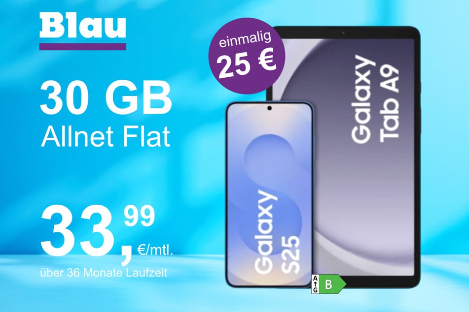 Das Samsung Galaxy S25 + Galaxy Tab A9 im Blau Allnet L für einmalig 25 Euro.